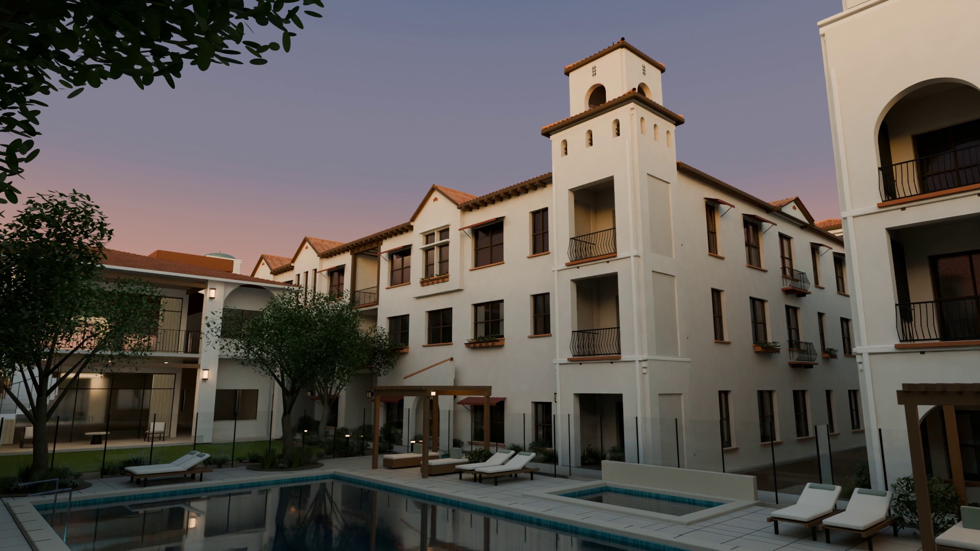 An illustrated Fairbrook neighborhood and clubhouse at sunset