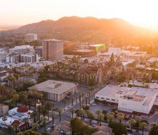 Sunset aerial view of downtown Riverside, California.